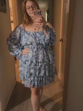 Floral Off-Shoulder Blue Tiered Mini Dress